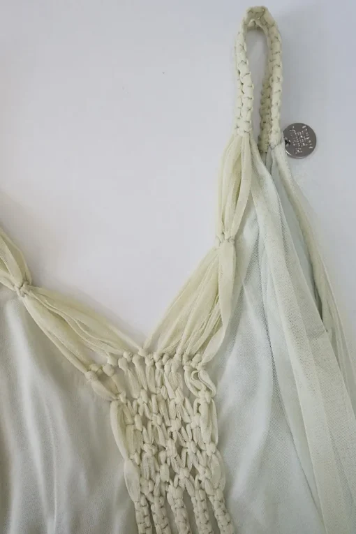 Ivory and olive dip dyed paneled polyamide drop-waist v-neck pullover shift dress with macramé trim