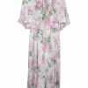 Ivory and pink silk floral print flutter sleeve tie-neck keyhole front midi A-line dress