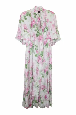 Ivory and pink silk floral print flutter sleeve tie-neck keyhole front midi A-line dress