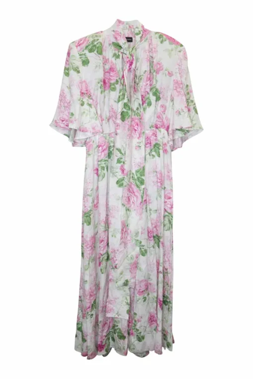 Ivory and pink silk floral print flutter sleeve tie-neck keyhole front midi A-line dress