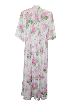 Ivory and pink silk floral print flutter sleeve tie-neck keyhole front midi A-line dress