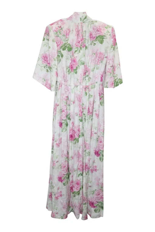 Ivory and pink silk floral print flutter sleeve tie-neck keyhole front midi A-line dress