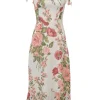 Ivory and pink viscose rose print bustier sun dress with adjustable ribbon tie straps and smocked back panel