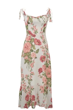 Ivory and pink viscose rose print bustier sun dress with adjustable ribbon tie straps and smocked back panel