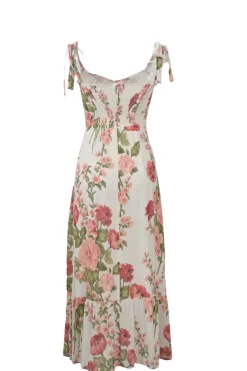 Ivory and pink viscose rose print bustier sun dress with adjustable ribbon tie straps and smocked back panel