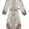 Ivory and red linen floral border print belted high-collar button-loop dress with blouson sleeves