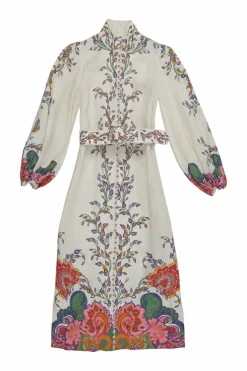 Ivory and red linen floral border print belted high-collar button-loop dress with blouson sleeves