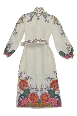 Ivory and red linen floral border print belted high-collar button-loop dress with blouson sleeves