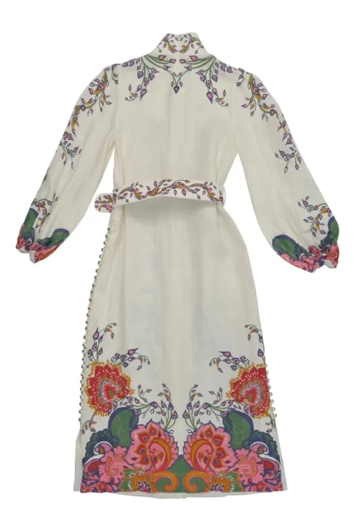 Ivory and red linen floral border print belted high-collar button-loop dress with blouson sleeves