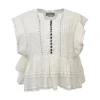 Ivory beaded cotton poplin pintuck peplum swing blouse with half button loop closure at centre front