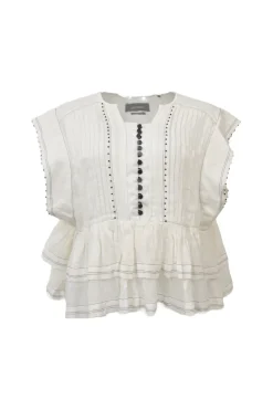 Ivory beaded cotton poplin pintuck peplum swing blouse with half button loop closure at centre front