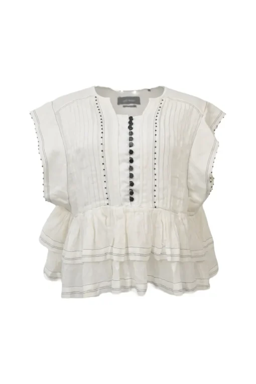 Ivory beaded cotton poplin pintuck peplum swing blouse with half button loop closure at centre front