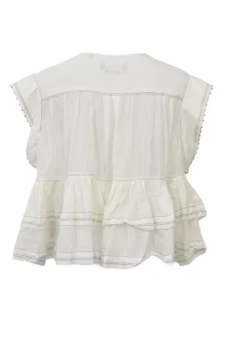 Ivory beaded cotton poplin pintuck peplum swing blouse with half button loop closure at centre front
