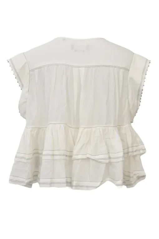 Ivory beaded cotton poplin pintuck peplum swing blouse with half button loop closure at centre front