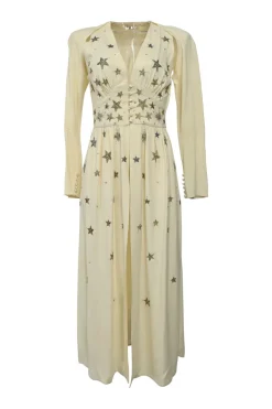 Ivory bias-cut embellished viscose-blend plunge neck empire-waist maxi dress featuring metallic bead broderie motif