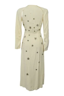 Ivory bias-cut embellished viscose-blend plunge neck empire-waist maxi dress featuring metallic bead broderie motif