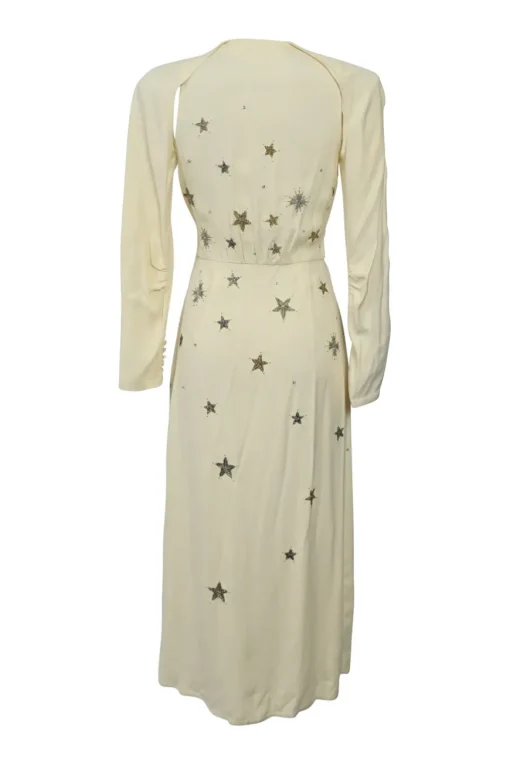 Ivory bias-cut embellished viscose-blend plunge neck empire-waist maxi dress featuring metallic bead broderie motif