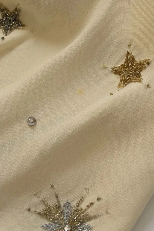 Ivory bias-cut embellished viscose-blend plunge neck empire-waist maxi dress featuring metallic bead broderie motif