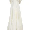 Ivory bias-cut linen-blend plunge neck flutter sleeve tiered maxi dress with open back and ribbon-tie fastening at nape