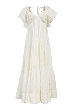 Ivory bias-cut linen-blend plunge neck flutter sleeve tiered maxi dress with open back and ribbon-tie fastening at nape
