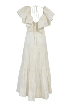 Ivory bias-cut linen-blend plunge neck flutter sleeve tiered maxi dress with open back and ribbon-tie fastening at nape