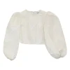 Ivory bias-cut polyester taffeta Egret balloon sleeve crop top