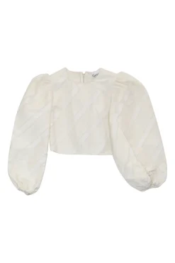 Ivory bias-cut polyester taffeta Egret balloon sleeve crop top