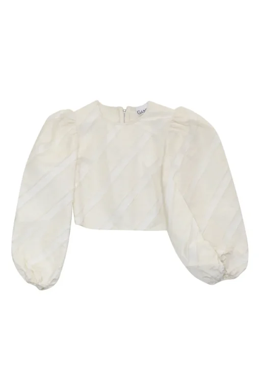 Ivory bias-cut polyester taffeta Egret balloon sleeve crop top
