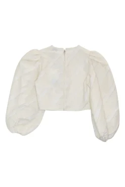 Ivory bias-cut polyester taffeta Egret balloon sleeve crop top