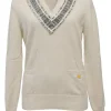 Ivory cashmere-blend glitter jersey knit V-neck tennis sweater with bouclé tweed appliqué and front patch pockets