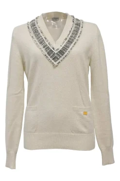 Ivory cashmere-blend glitter jersey knit V-neck tennis sweater with bouclé tweed appliqué and front patch pockets