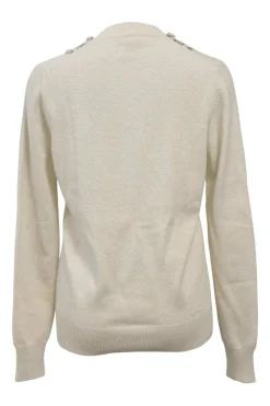 Ivory cashmere-blend glitter jersey knit V-neck tennis sweater with bouclé tweed appliqué and front patch pockets