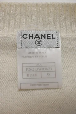 Ivory cashmere-blend glitter jersey knit V-neck tennis sweater with bouclé tweed appliqué and front patch pockets