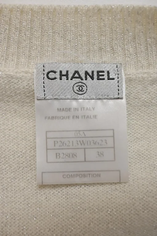 Ivory cashmere-blend glitter jersey knit V-neck tennis sweater with bouclé tweed appliqué and front patch pockets