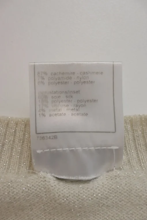 Ivory cashmere-blend glitter jersey knit V-neck tennis sweater with bouclé tweed appliqué and front patch pockets