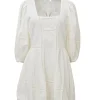 Ivory cotton broderie Anglaise combination-style square-neck A-line dress with blouson sleeves