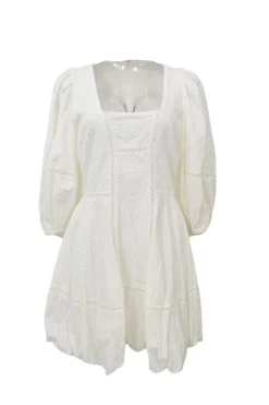 Ivory cotton broderie Anglaise combination-style square-neck A-line dress with blouson sleeves