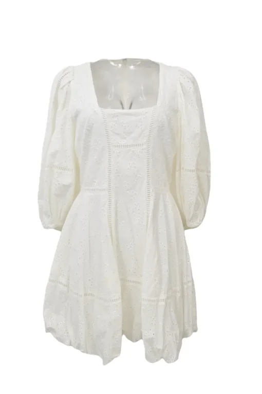 Ivory cotton broderie Anglaise combination-style square-neck A-line dress with blouson sleeves