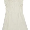 Ivory cotton broderie Anglaise ruffled high-collar sleeveless swing dress with tonal lace inserts
