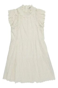 Ivory cotton broderie Anglaise ruffled high-collar sleeveless swing dress with tonal lace inserts