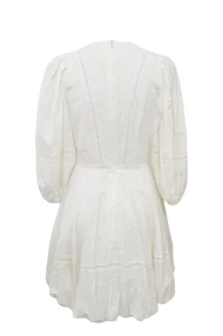 Ivory cotton broderie Anglaise combination-style square-neck A-line dress with blouson sleeves