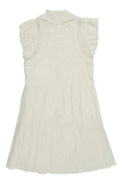 Ivory cotton broderie Anglaise ruffled high-collar sleeveless swing dress with tonal lace inserts