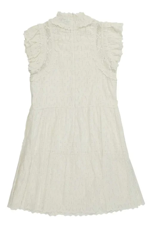 Ivory cotton broderie Anglaise ruffled high-collar sleeveless swing dress with tonal lace inserts