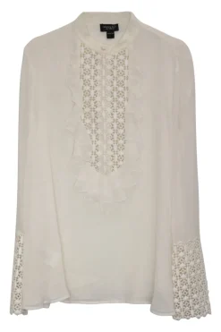 Ivory cotton broderie-paneled silk pullover band-collar half-button bib shirt with flounce cuffs