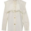 Ivory cotton button-front shirt with detachable sailor-style ruffled Bertha collar
