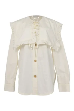 Ivory cotton button-front shirt with detachable sailor-style ruffled Bertha collar