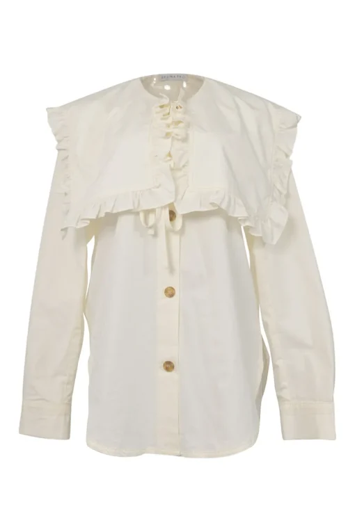 Ivory cotton button-front shirt with detachable sailor-style ruffled Bertha collar
