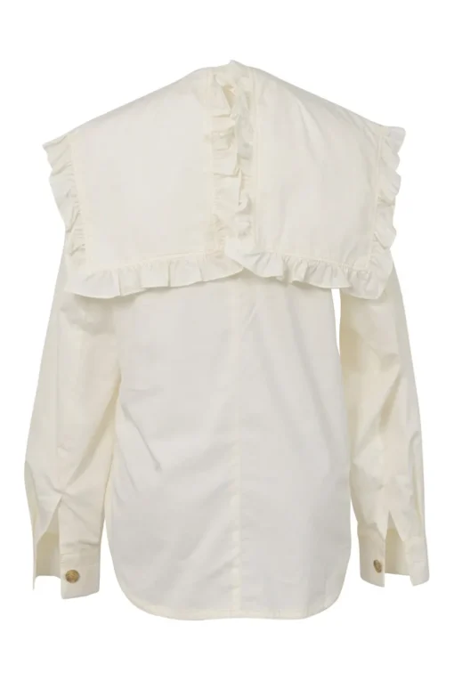 Ivory cotton button-front shirt with detachable sailor-style ruffled Bertha collar
