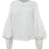 Ivory cotton mixed-media crewneck pullover oversized T-shirt with tiered balloon sleeves