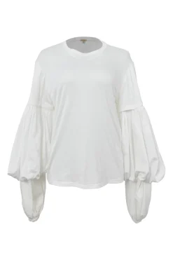 Ivory cotton mixed-media crewneck pullover oversized T-shirt with tiered balloon sleeves